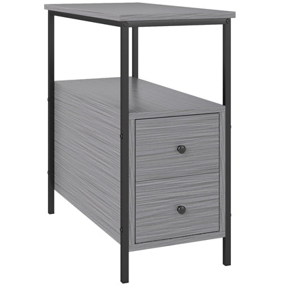 HOMCOM Side Table, Narrow Bedside Table with 2 Drawers and Storage Shelf, Industrial End Table with Metal Frame for Small Spaces, Grey Wood Grain