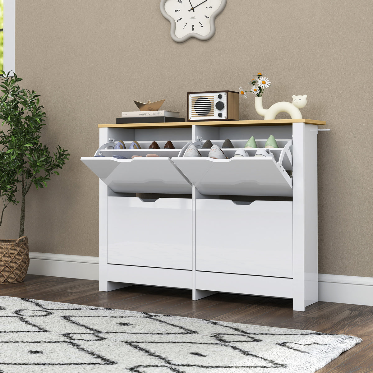HOMCOM Slim Shoe Cabinet, Narrow Shoe Cupboard with 4 Flip Drawers, Adjustable Shelves for 16 Pairs of Shoes, White