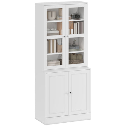 HOMCOM Modern Bookcase with Glass Doors, Display Storage Cabinet with Adjustable Shelves for Living Room, Study, Home Office, Kitchen Cupboard with Small Open Counter, White