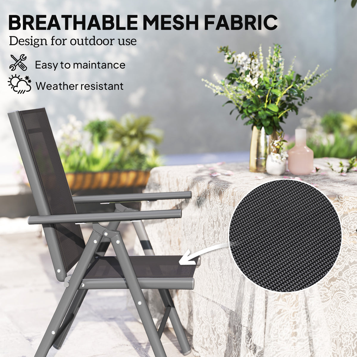 Outsunny Set of 2 Folding Garden Chairs, Aluminium Frame Outdoor Dining Chairs with Breathable Mesh Back and Seat, Garden Folding Chair Set with Armrests for Balcony, Dark Grey