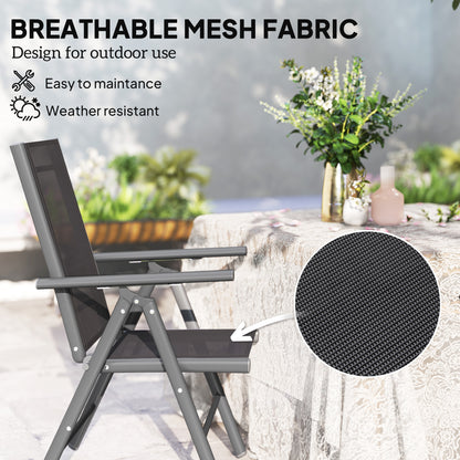 Outsunny Set of 2 Folding Garden Chairs, Aluminium Frame Outdoor Dining Chairs with Breathable Mesh Back and Seat, Garden Folding Chair Set with Armrests for Balcony, Dark Grey