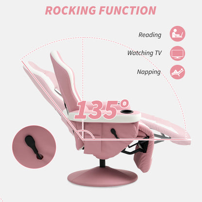 HOMCOM Manual Recliner Armchair PU Leather Lounge Chair w Adjustable Leg Rest, 135° Reclining Function, 360° Swivel, Pink