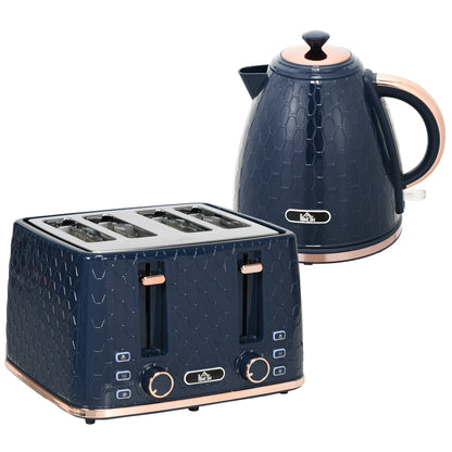 HOMCOM Kettle and Toaster Set, 1.7L 3000W Fast Boil Jug Kettle with Auto Shut Off, 4 Slice Toaster with 7 Level Browning Controls & Crumb Tray, UK Otter Thermostat, Blue