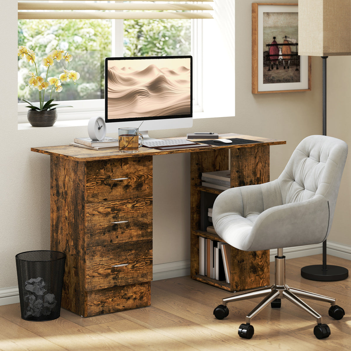 HOMCOM Computer Desk with Drawers, Home Office Desk, Writing Table, PC Workstation with 3 Storage Shelves for Working, Study, 120 x 49 x 72 cm, Rustic Brown