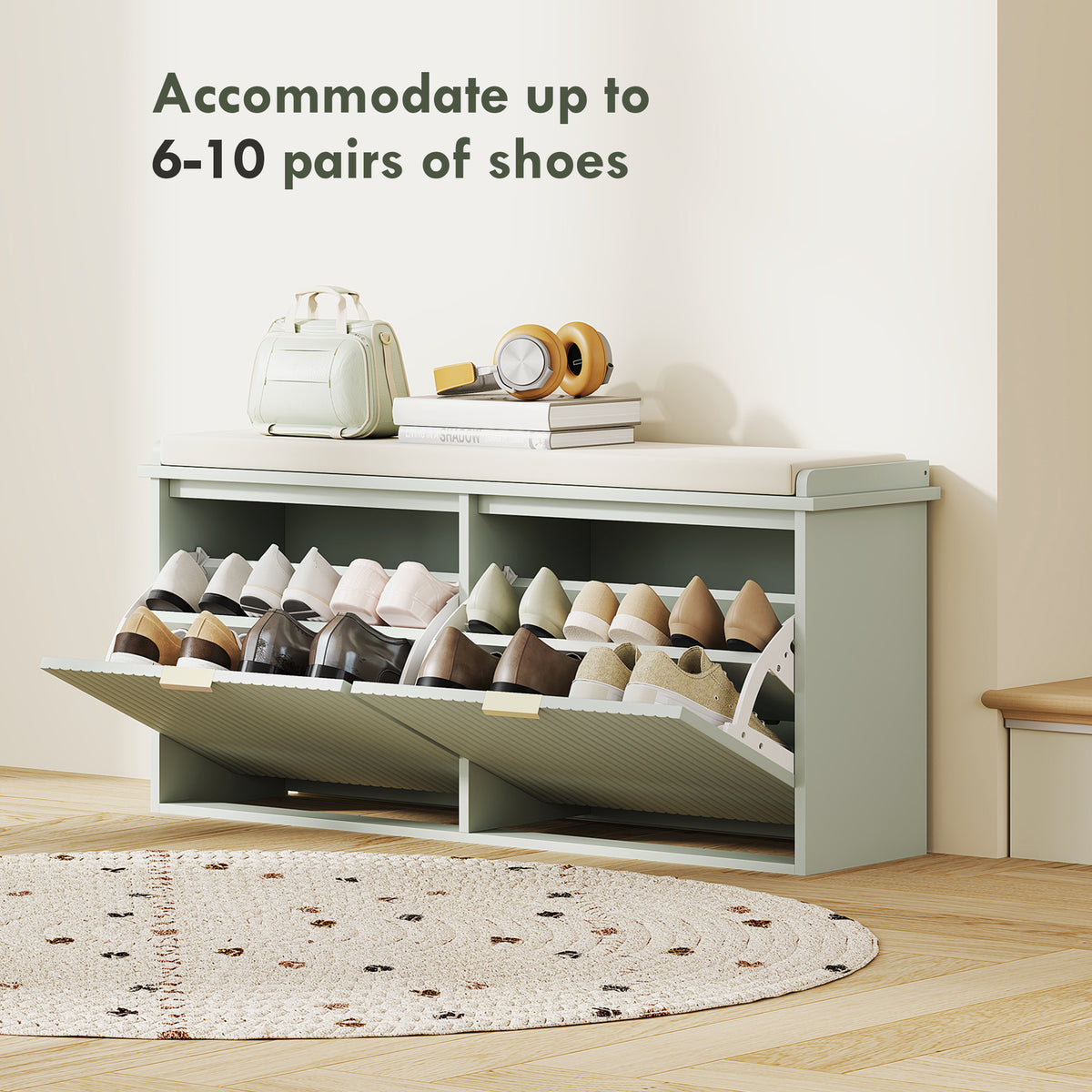 HOMCOM Elegant Ten Shoe Bench, with Top Seat - Green