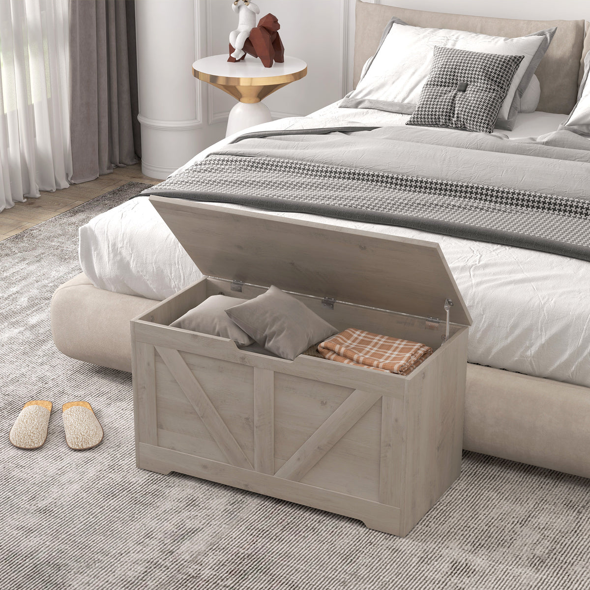 HOMCOM 100L Home Storage Box, with Safety Hinge - Grey Wood-Effect