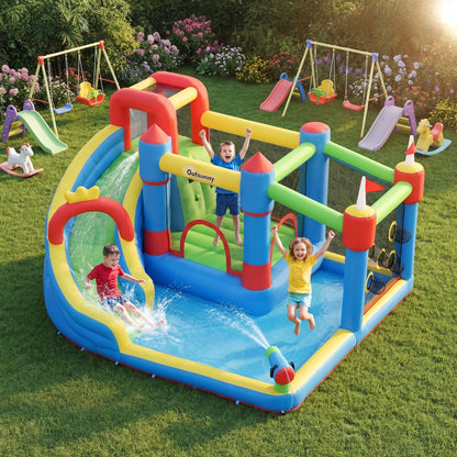 Outsunny 6 in 1 Kids Bouncy Castle, with Water Slide, Water Gun, Climbing Wall, Air Blower for Indoors/Outdoors, 3.9 x 3 x 2m
