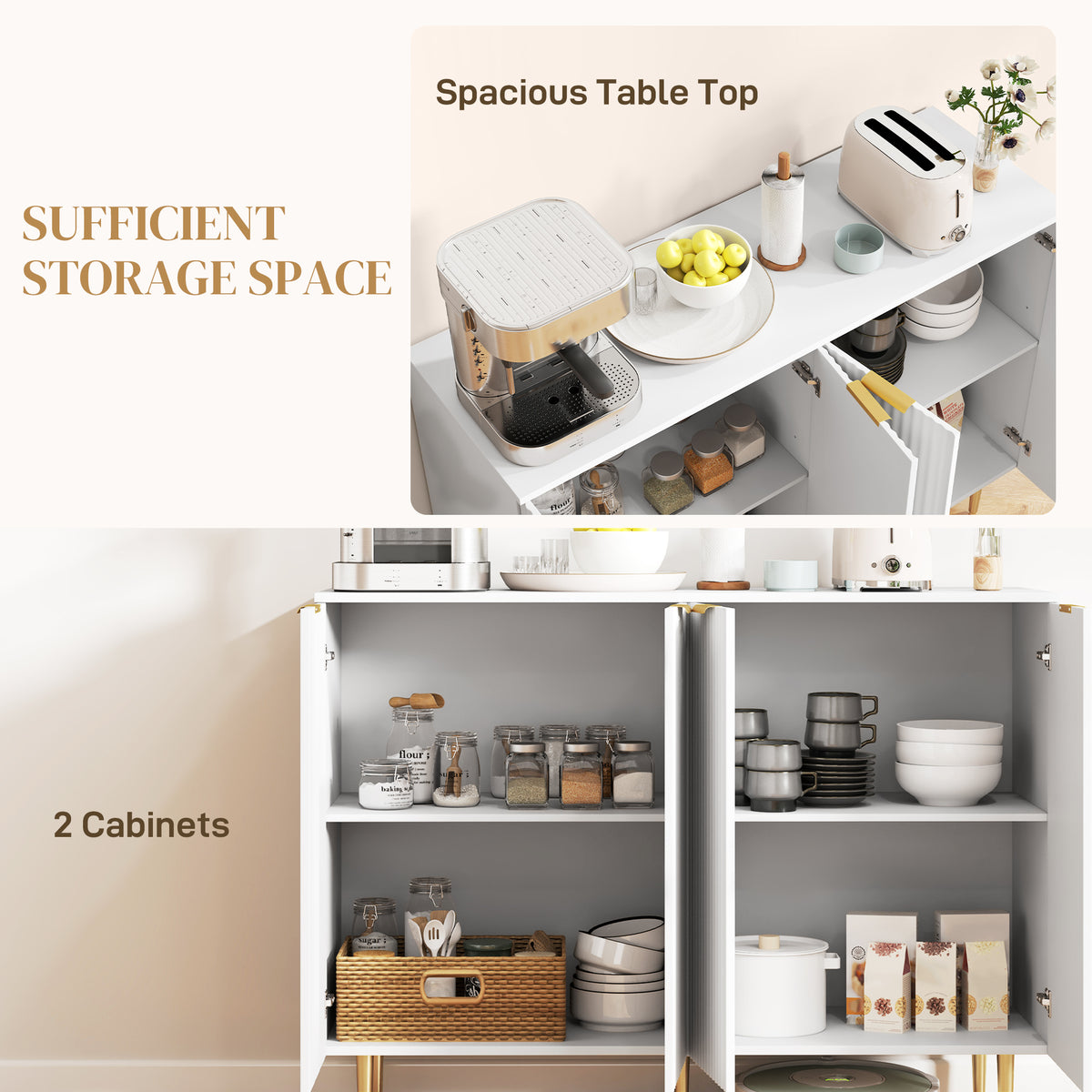 HOMCOM Sideboard Buffet Cabinet, Modern Kitchen Storage Cabinet with Adjustable Shelves and Metal Legs, White