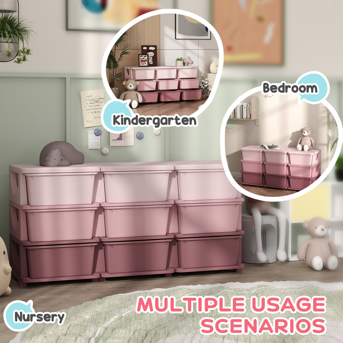 HOMCOM Kids Storage Unit, with Nine Drawers - Pink