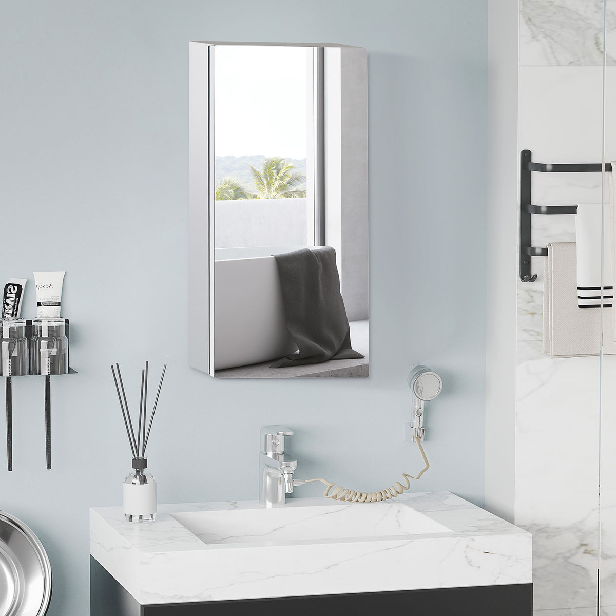 HOMCOM Bathroom Mirror Cabinet, Stainless Steel Wall Mounted Bathroom Cabinet with Mirror for Small Cloakroom Compact Space, 30 x 14 x 55 cm