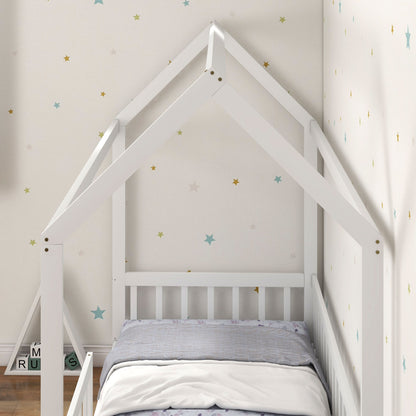 HOMCOM House-Shaped Kids Bed Frame with Guard Rails, Solid Pine Wood Single Bed Frame for Kids Boys and Girls