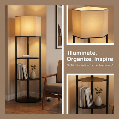 HOMCOM Corner Floor Lamp with Shelves and Lights, Modern Dimmable Standing Lamp with 3000K/4000K/6000K Colour Temperature