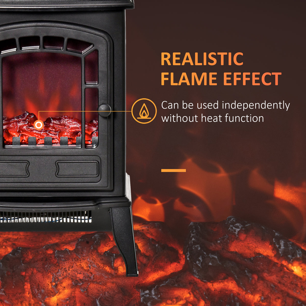 HOMCOM Electric Fireplace Stove Freestanding Log Burner, 1000W/2000W, Portable Electric Fire Fan Heater with LED Flame Effect, Adjustable Thermostat, Overheat Protection, Black