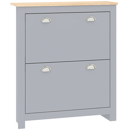 HOMCOM 2 Drawer Shoe Cabinet Modern Narrow Shoe Cupboard Hallway Wooden Storage Organiser with Flip Doors Adjustable Shelf for 6-12 Pairs, Grey