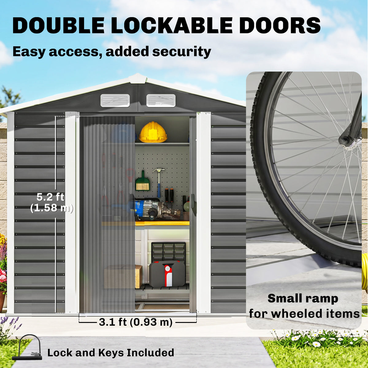Outsunny 7 x 4ft Garden Shed, Easy to Assemble, Upgraded Galvanised Steel Frame with Foundation Kit, Double Doors with Lock, Outdoor Metal Shed with Vents and Gloves, Garden Storage Shed, Dark Grey