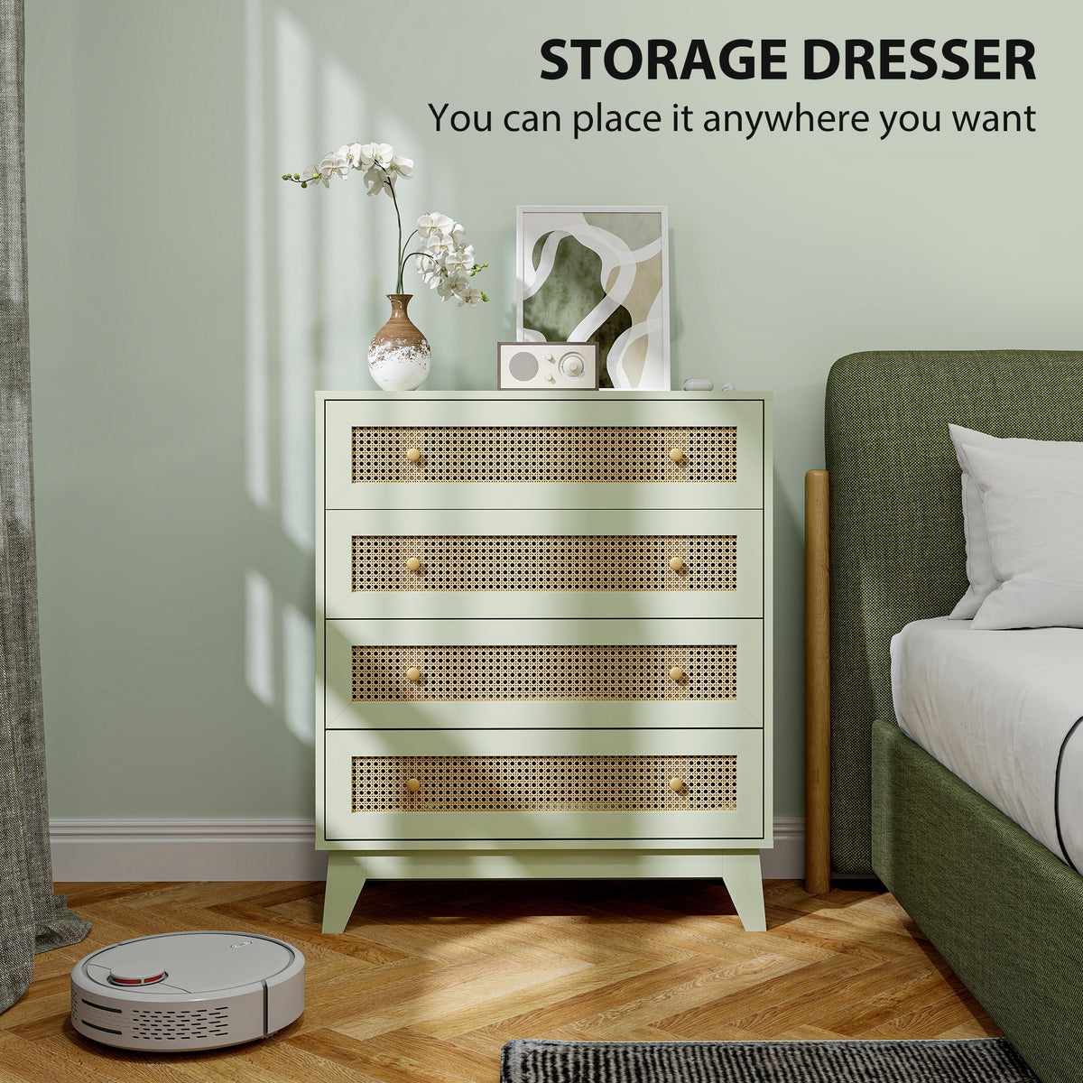 HOMCOM Rattan Chest of Drawers, 4 Drawer Storage Unit with Tapered Legs, Bedroom Storage Organiser Dresser for Bedside, Entryway, Hallway, Living Room, Light Green