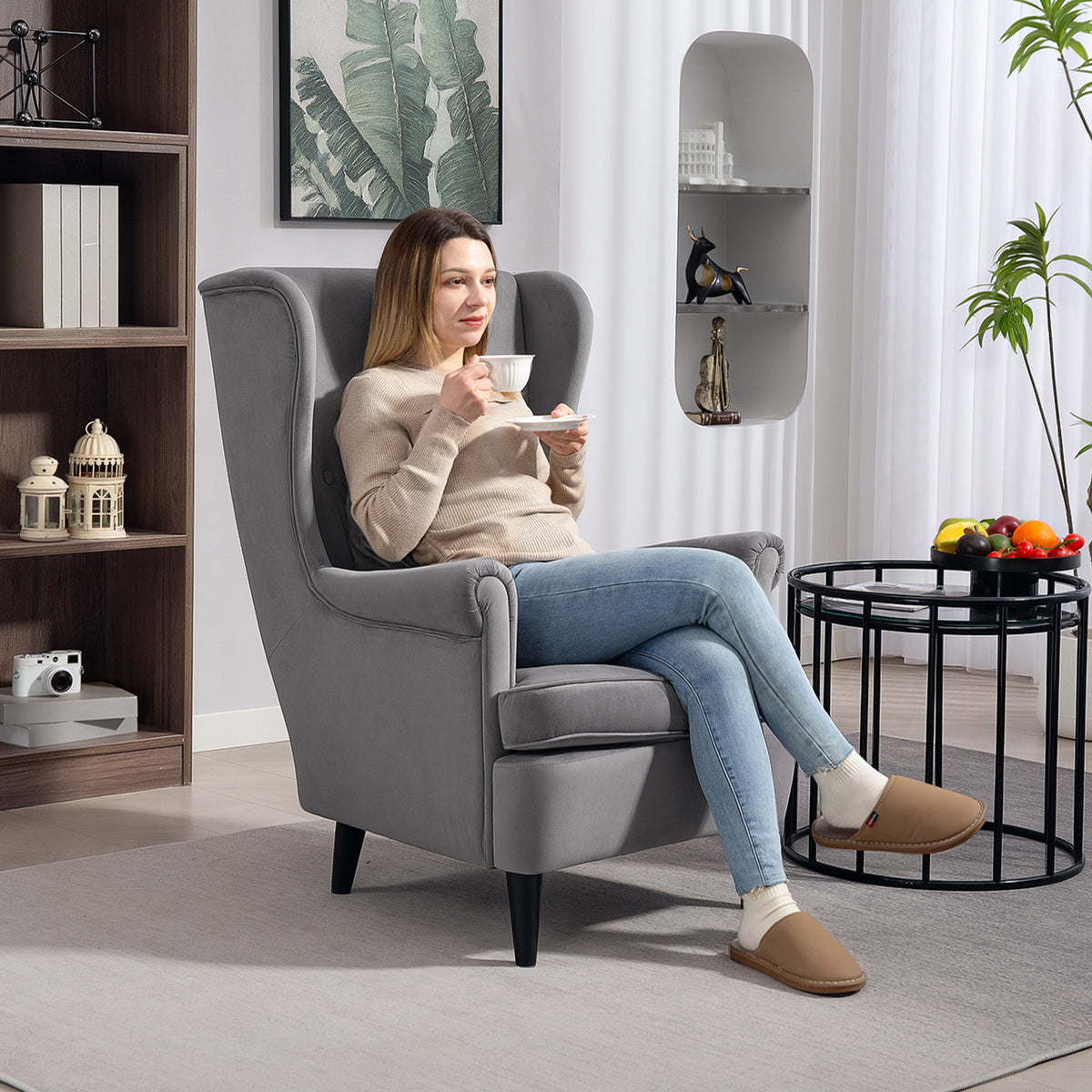 HOMCOM Modern Accent Chair with High Backrest and Pillow, Velvet-Feel Fabric Reading Chair with Solid Wood Legs, Grey
