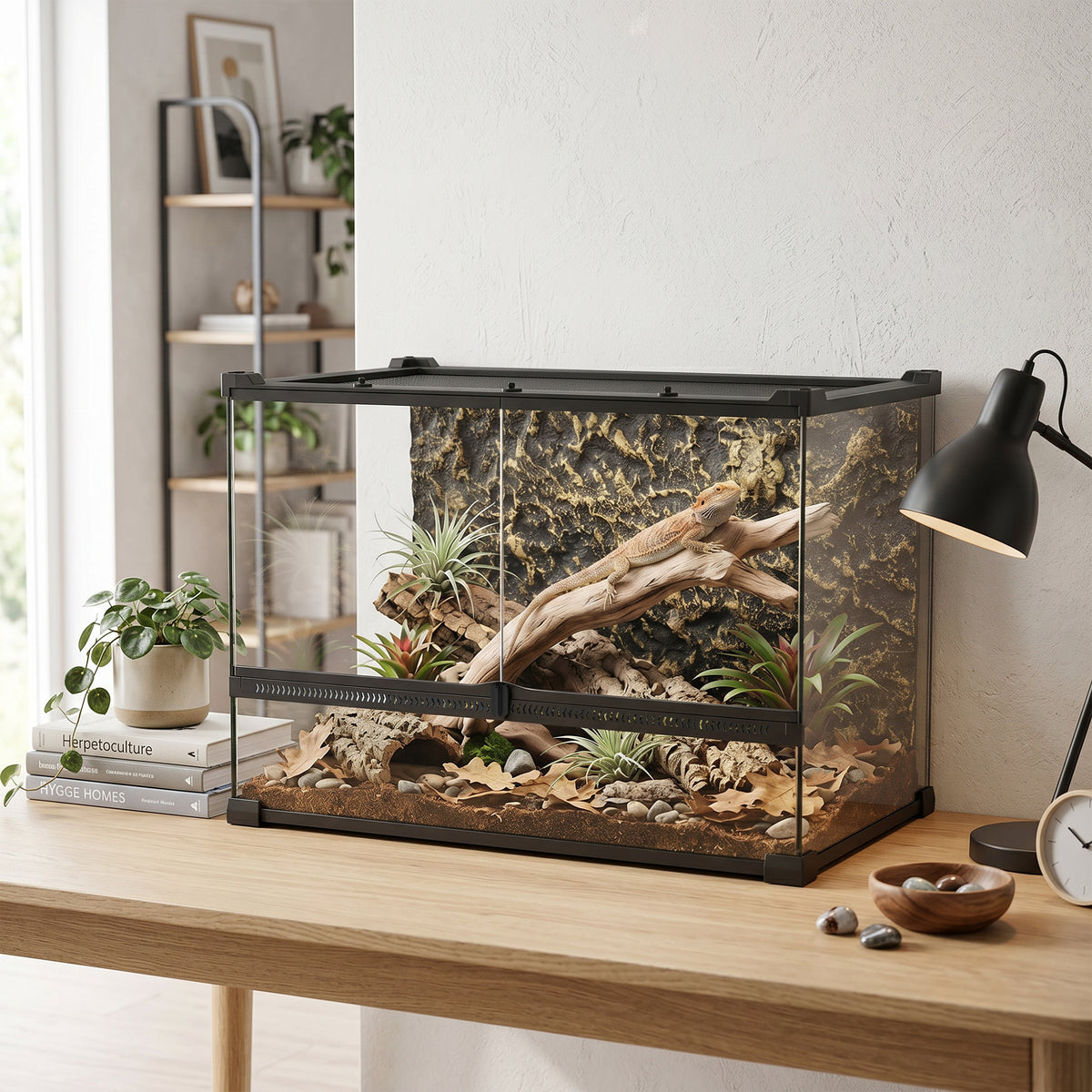 PawHut Reptile Glass Terrarium with Stone Background, Front Ventilation, Escape-Proof Knob Lock, 50 x 30 x 35 cm, Black
