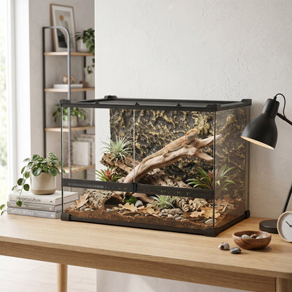 PawHut Reptile Glass Terrarium with Stone Background, Front Ventilation, Escape-Proof Knob Lock, 50 x 30 x 35 cm, Black