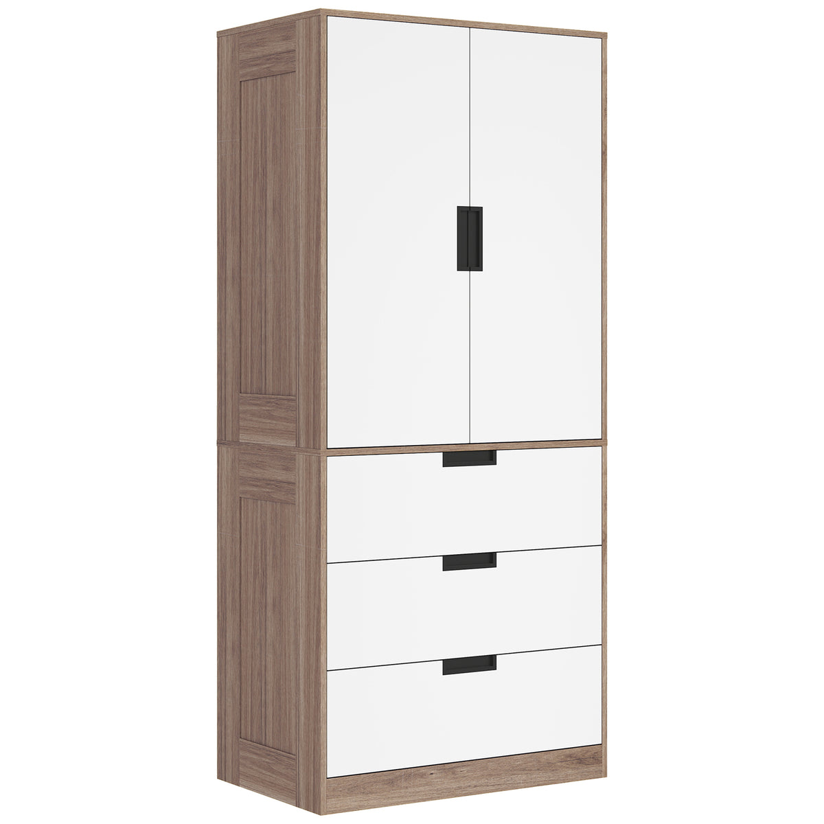 HOMCOM Modern Clothes Storage Cupboard Unit, 3 Drawer 2 Door Wardrobe with Hanging Rod, White/Brown