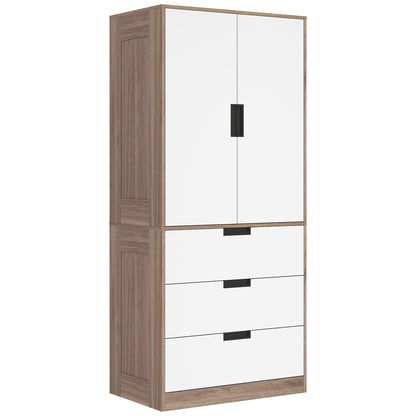 HOMCOM Modern Clothes Storage Cupboard Unit, 3 Drawer 2 Door Wardrobe with Hanging Rod, White/Brown
