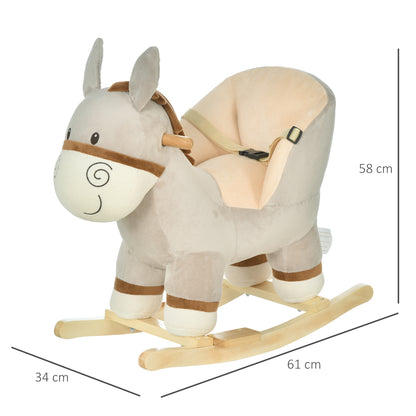 HOMCOM Kids Rocking Horse, Children Plush Ride On Donkey Animal Rocker w/ Sound, Wood Base Seat, Seat Belt, Baby Toy Rocker for Toddler 18 - 36 Months, Grey