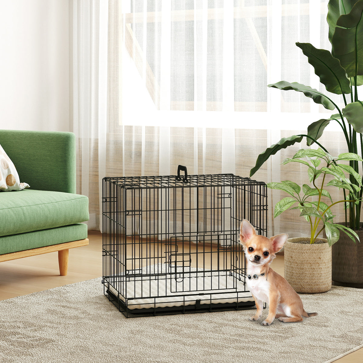 PawHut Foldable Dog Crate with Two Doors with Tray, Soft Cushion, for Extra Small Dogs, 60 x 45 x 50, Black