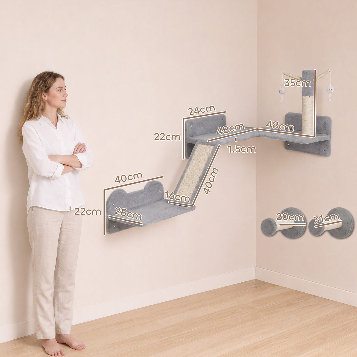 PawHut 3-Piece Cat Wall Furniture with Scratching Posts, Scratching Pads, Perches, Cat Wands, Toy Balls, Light Grey