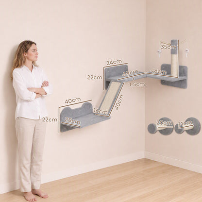 PawHut 3-Piece Cat Wall Furniture with Scratching Posts, Scratching Pads, Perches, Cat Wands, Toy Balls, Light Grey