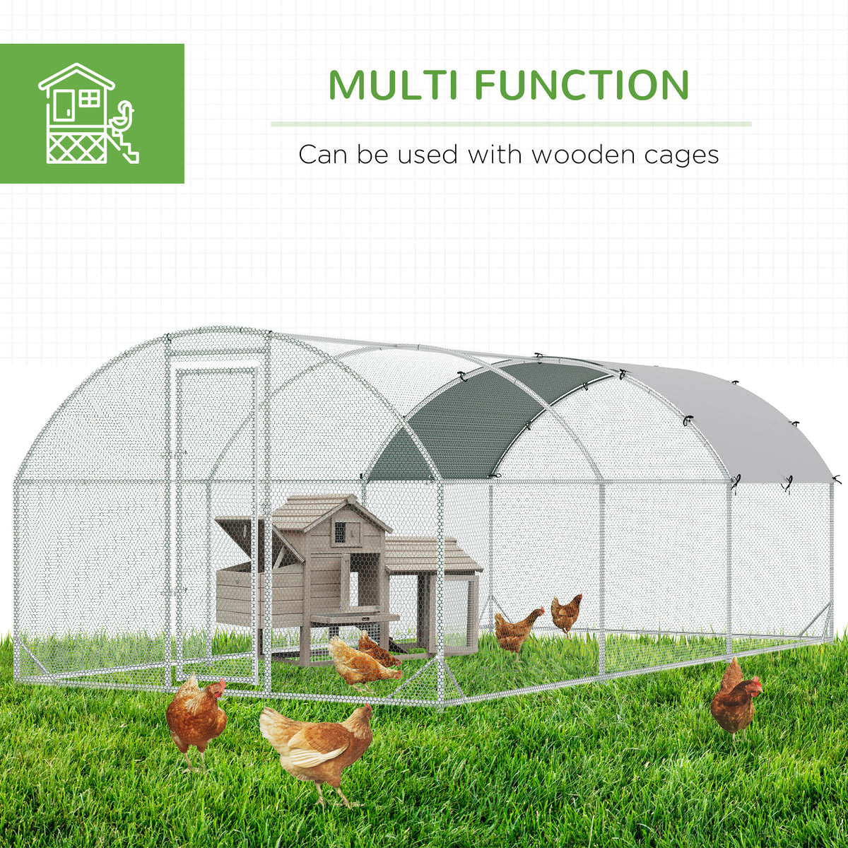 PawHut Large Galvanised Chicken Coop with Cover 5.7x2.8x2m Outdoor for Hens - Silver Grey