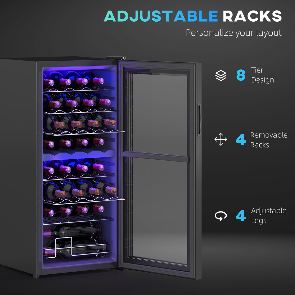 HOMCOM 32-Bottle Narrow Wine Fridge, with Lights - Black