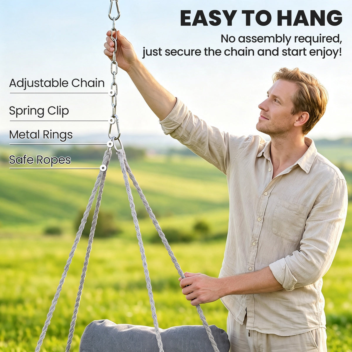 Outsunny Hanging Chair Outdoor Hammock Chair with Soft Cushion, Cotton Rope Boho Style Swing Chair, Hanging Garden Swing Seat for Indoor Outdoor, Dark Grey