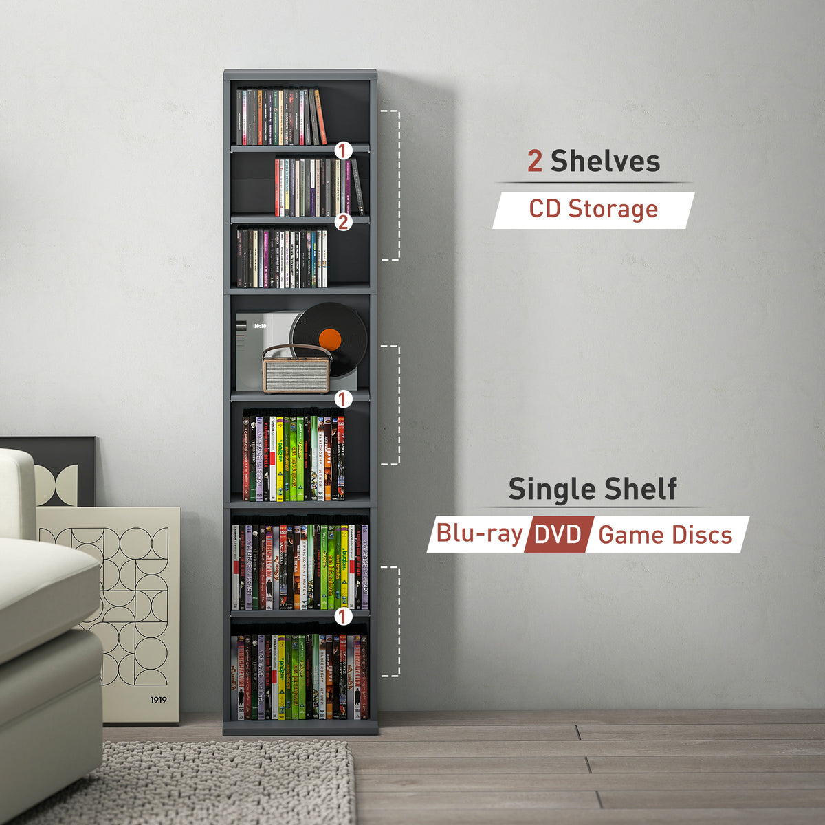 HOMCOM 260 Narrow CD Storage Unit - Grey