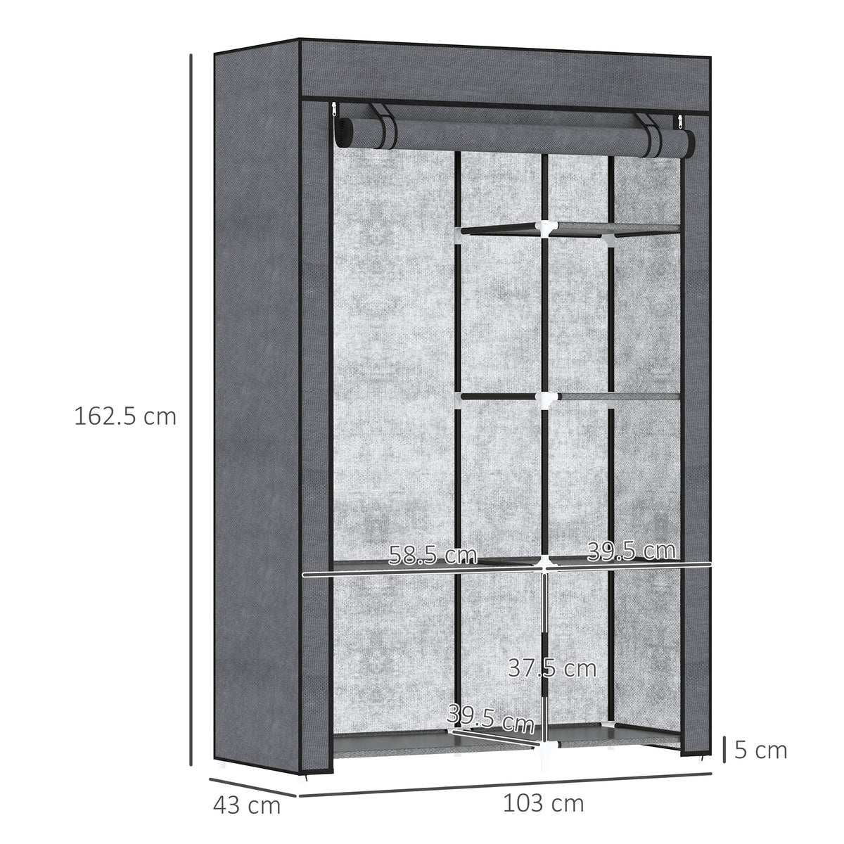 HOMCOM Fabric Wardrobe w/ Shelves Hanging Rail Foldable Wardrobe Dark Grey