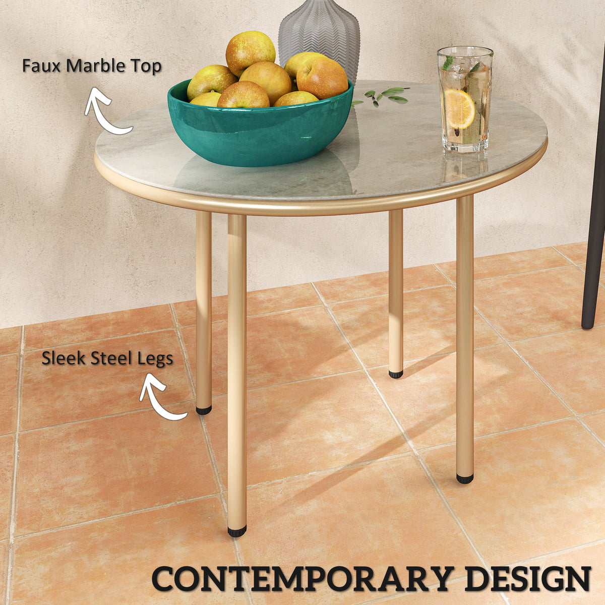 Outsunny Round Coffee Table, Modern End Side Table with Faux Marble Tempered Glass Top, Steel Frame for Living Room, Bedroom, Office, Beige