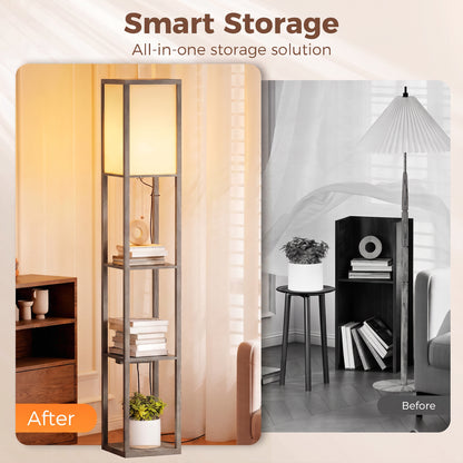 HOMCOM Floor Lamp with Shelves, 3 Layer Column Modern Standing Lamp for Living Room, Bedroom, Office, Grey