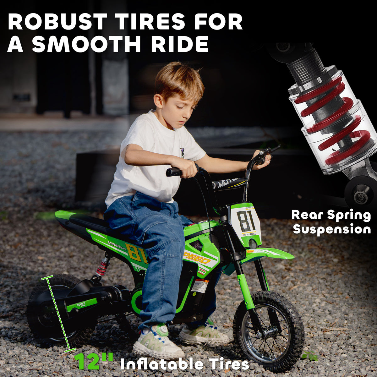 AIYAPLAY Kids Electric Motorbike, 24V Ride On Motorcycle with 3 Speeds and Rear Suspension, Dirt Bike for 8-12 Years Old, Green