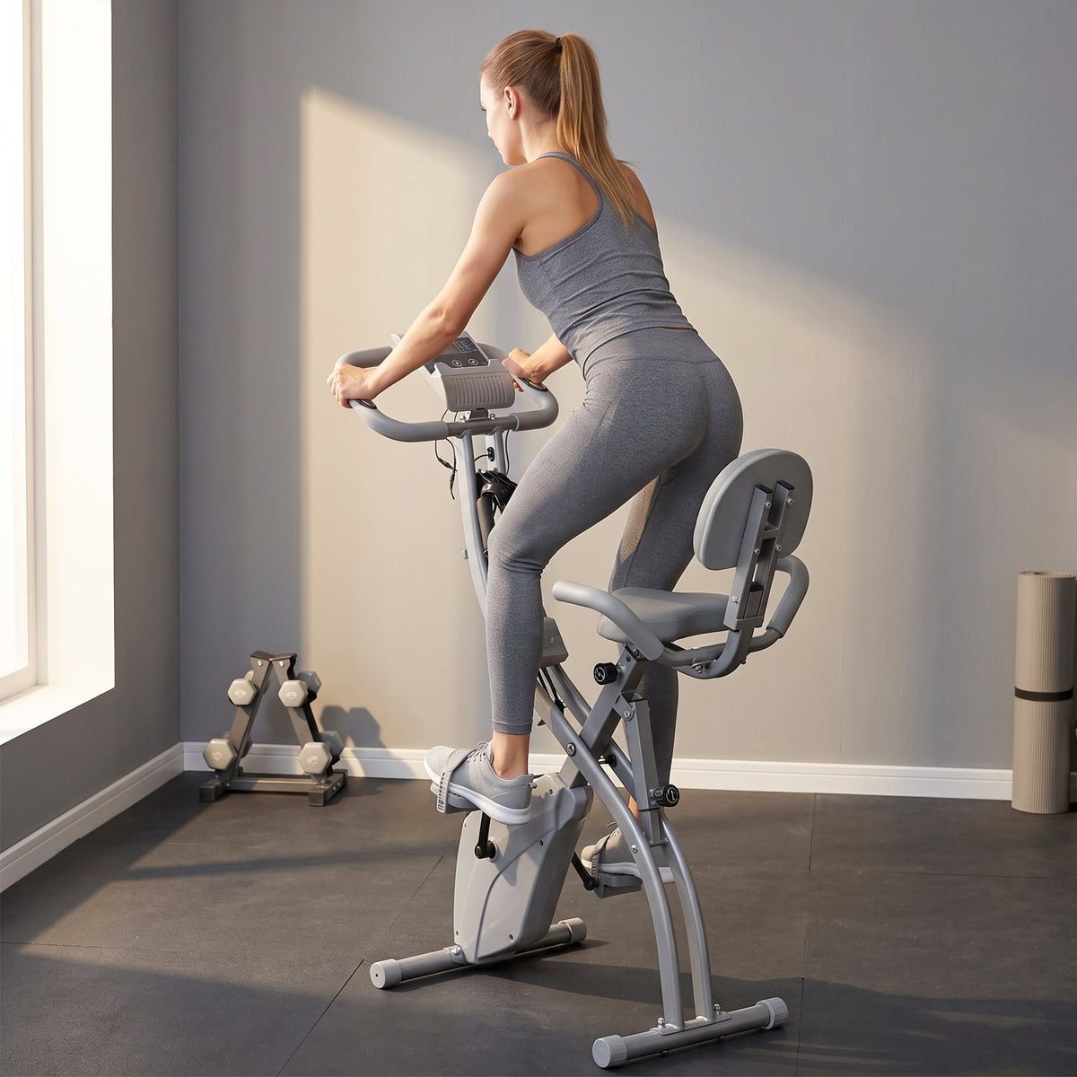 HOMCOM 2-in-1 Folding Exercise Bike with 8-Level Magnetic Resistance, Arm Resistance Band, Pulse Sensor, Grey