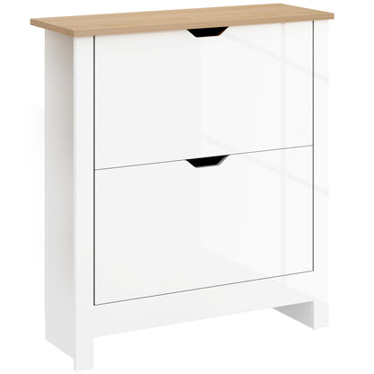 HOMCOM Slim Shoe Cabinet, Narrow Shoe Cupboard with 2 Flip Drawers, Adjustable Shelves for 12 Pairs of Shoes, High Gloss White