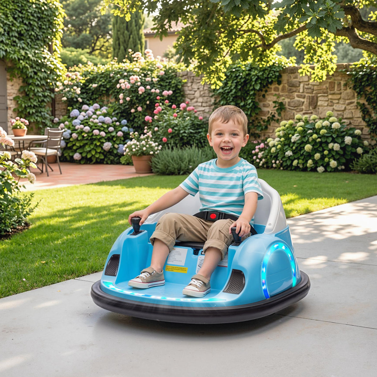 AIYAPLAY 360° Rotation Kids Bumper Car, 12V Waltz Car with Remote Control, Dual Joystick, Music, Lights, Light Blue