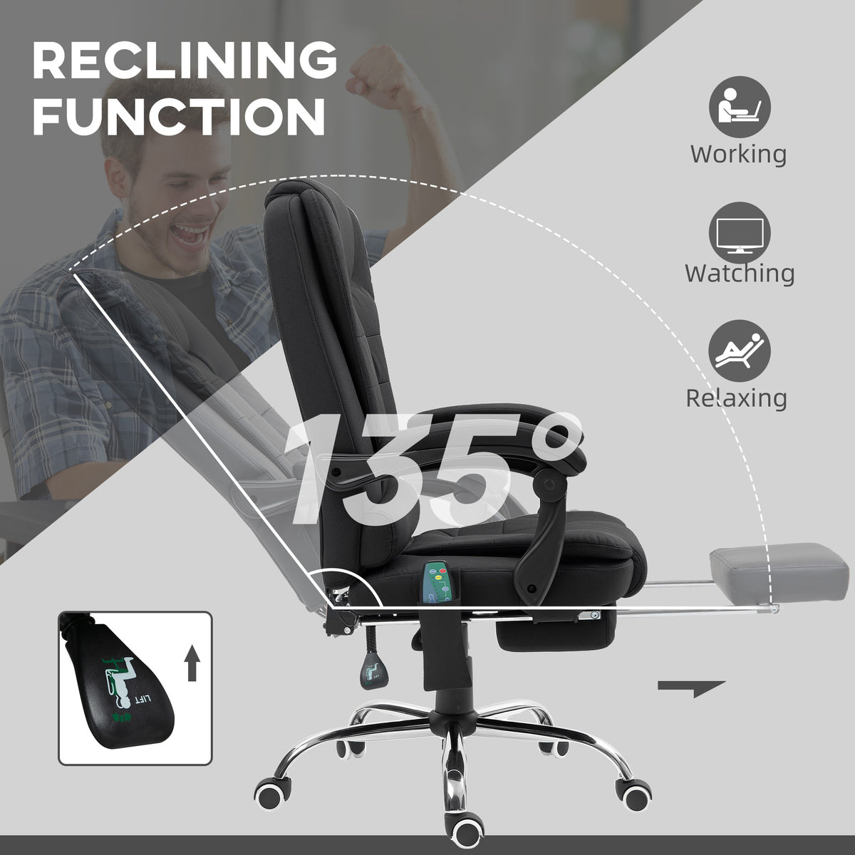 Vinsetto Office Chair with 6 Point Massage and Back Heat, Microfibre Desk Chair with Footrest Adjustable Height and Swivel Wheels, Back Reclining, Full Black