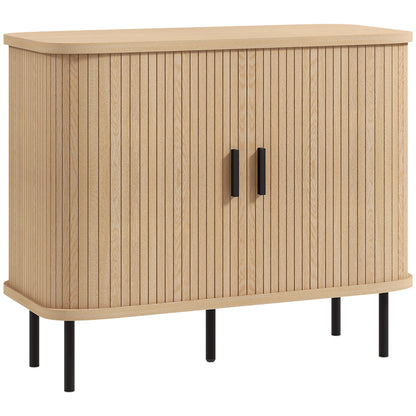 HOMCOM Mid-Century Modern Sideboard Storage Cabinet with Slatted Tambour Sliding Doors, Kitchen Cabinet with Steel Legs, Oak Tone