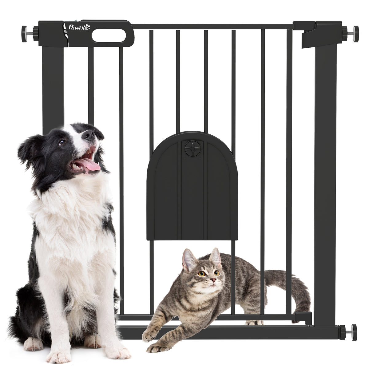 PawHut Dog Gate with Cat Flap Pet Safety Gate Barrier, Stair Pressure Fit, Auto Close, Double Locking, 75-82 cm Black