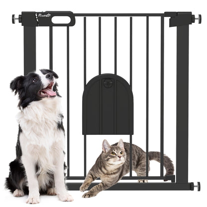 PawHut Dog Gate with Cat Flap Pet Safety Gate Barrier, Stair Pressure Fit, Auto Close, Double Locking, 75-82 cm Black