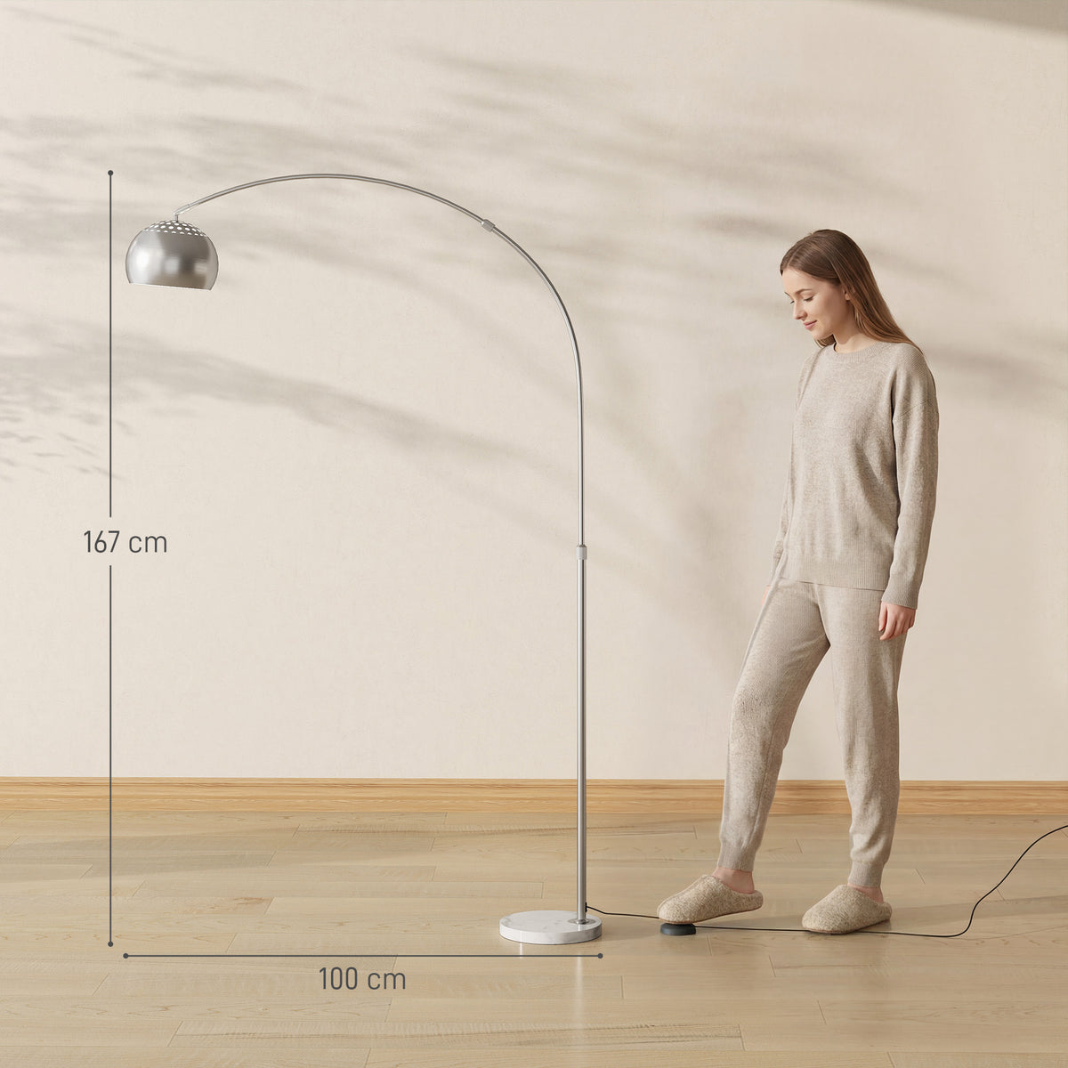 HOMCOM Arc Floor Lamp for Living Room, Modern Adjustable Standing Lamp with Faux Black Marble Base Silver Tone