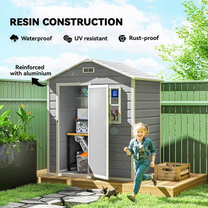 Outsunny 6 x 4ft Plastic Shed with Floor, Wood Effect Resin Garden Shed with Window, Lockable Door, Lock and Keys, Vents, All Weather Resistant for Outdoor, Patio, Lawn, Grey