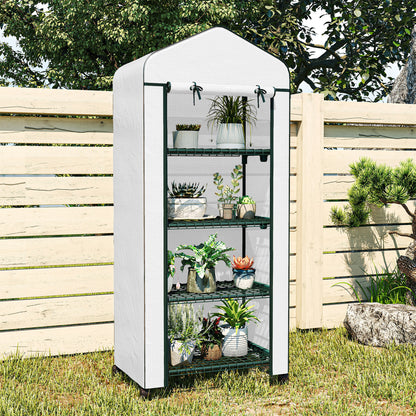 Outsunny 4 Tier Mini Portable Greenhouse Compact Plant Grow Shed Metal Frame PE Cover with Lockable Rolling Wheels, White
