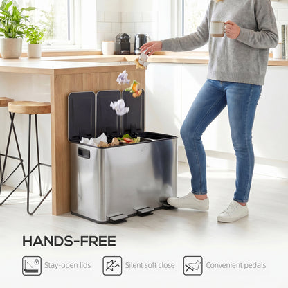 HOMCOM 3 x 20L Pedal Bin, Steel Triple Kitchen Bin with Soft Close Lid, Removable Inner Buckets, Fingerprint-Proof, Silver Tone