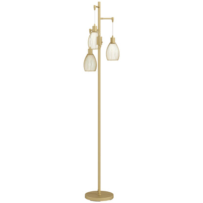 HOMCOM 3-Light Floor Lamp, 170cm Industrial Dimmable Standing Lamp with Steel Wire Cage Lampshades for Living Room, Bedroom, Dining Room, Study, Bulb Not Included, Gold Tone
