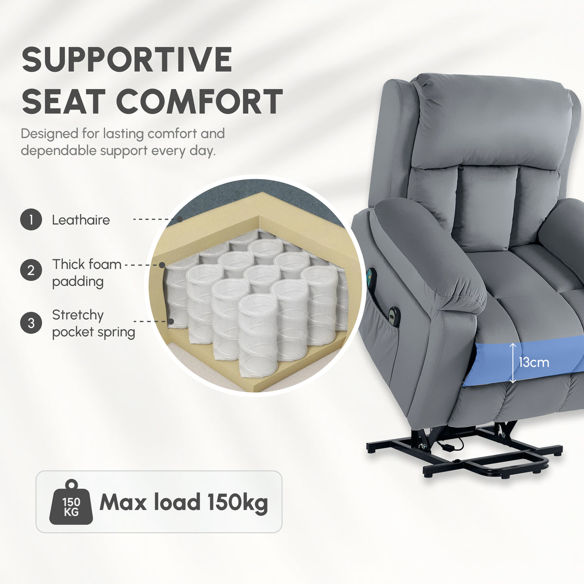 HOMCOM Eight-Point Massage Lift Chair, with Remote - Grey
